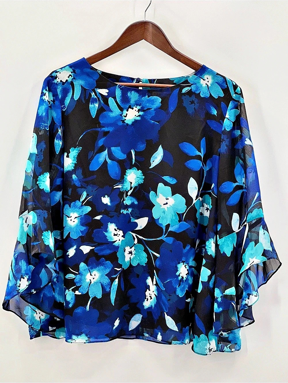 578 KASPER Floral Print Bell Sleeve Top Floral Blouse Blue & Black XL